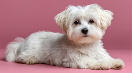 Obraz premium White puppy lying on pink background