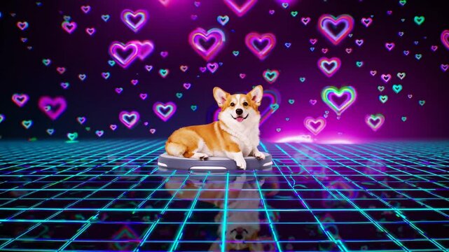Corgi allong&eacute; sur un sol r&eacute;trofuturiste entour&eacute; de c&oelig;urs n&eacute;on roses et bleus

