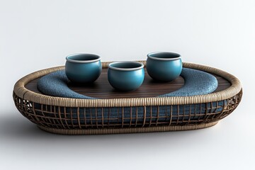 Oval woven tray with teal teacups