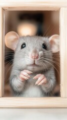 Obraz premium Cute gray rat inside a wooden box
