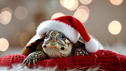 Festive tortoise wearing santa hat relaxing on soft fur with bokeh lights. - Powered by Adobe