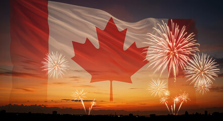 Canada day celebration with fireworks and canadian flag overlay at sunset, symbol of independence and patriotism