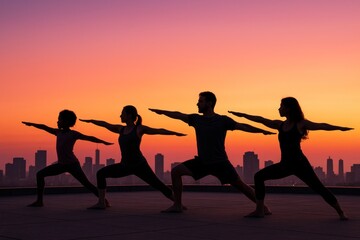 Obraz premium Group practicing yoga poses at sunrise against city skyline in vibrant colors