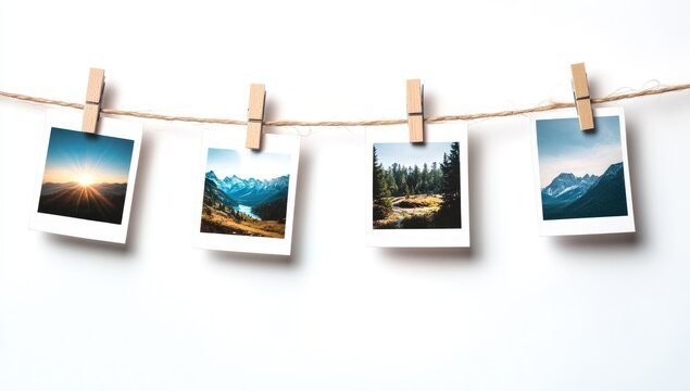 Four photos of landscapes, strung on twine