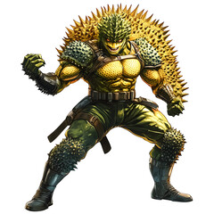 A muscular humanoid figure with durian-like spikes and green skin in a fighting stance