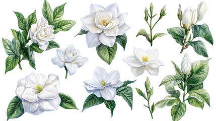 Fototapeta premium Elegant collection of watercolor gardenias with leaves on a white background