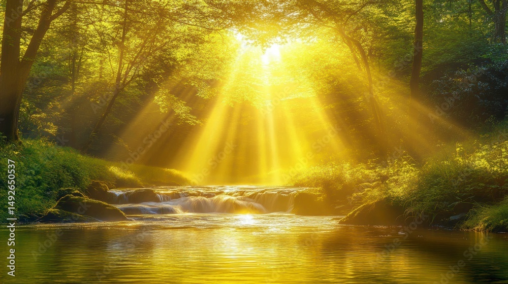 Poster sunbeams illuminate a tranquil forest stream and lush greenery.