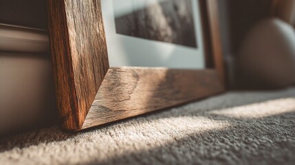 Empty wooden frame against a wall, warm lighting, soft focus. Cozy home decor with minimalist charm.