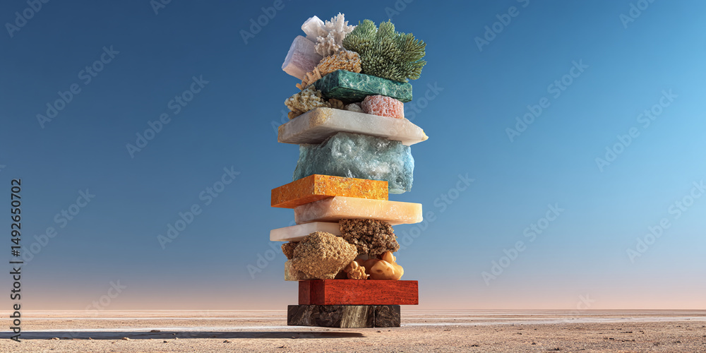 Poster stack of colorful mineral samples on desert background, showcasing texture and variety, representati
