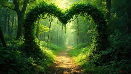 Naklejka premium A heart-shaped arch made of intertwined tree trunks and dense green foliage marks the entrance to a lush forest path. Sunlight filters through the leaves, creating a serene and enchanting natural sett