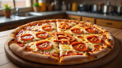 Photorealistic Pepperoni Pizza with Edible Bitcoin Symbols &ndash; Modern Food Concept