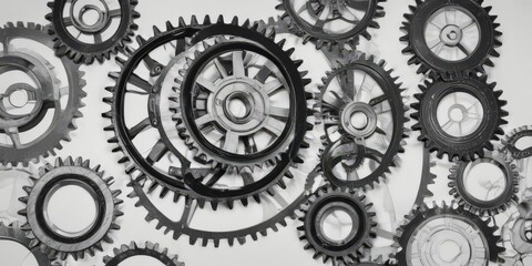 Clean white background, black outlined technical drawings of gears and mechanisms , CAD, geometric