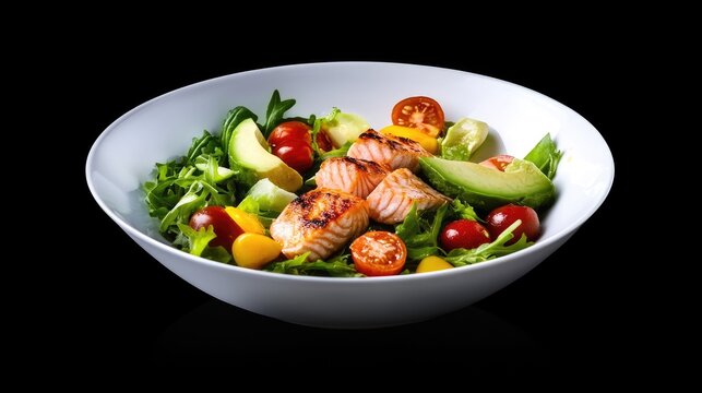 A vibrant salad bowl featuring fresh arugula. cherry tomatoes. and avocado slices topped with a perfectly cooked salmon fillet. set against a sleek black background