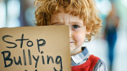 Young boy holding sign for anti-bullying awareness in school hallway.