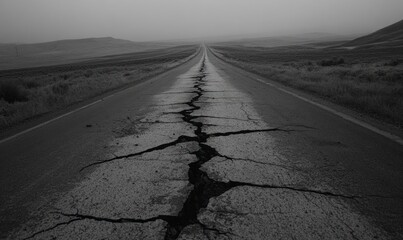 Gray asphalt road with deep cracks stretches into a hazy landscape