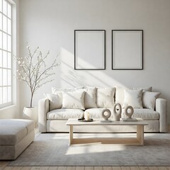 Frame mockup, ISO A paper size. Living room wall poster mockup. Interior mockup with house background. Modern interior design. 3D render 