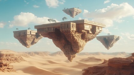 Floating platforms above desert landscape concept