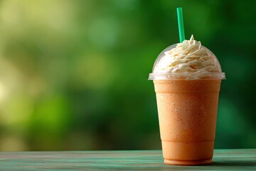 Creamy Iced Coffee Drink: Whipped Topping, Plastic Cup, Serene Green Background