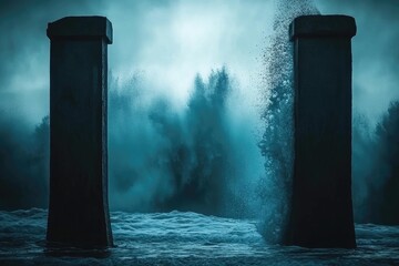 Powerful waves crash against ancient pillars