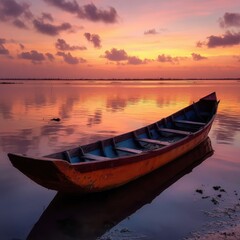 Fototapeta premium Wooden Boat Resting on Calm Water at Sunset Landscape View Serene Scene in Nature Photography