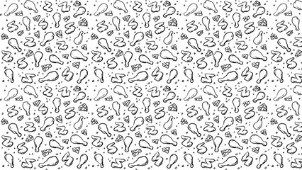 A seamless pattern with chicken legs wings and cheese on a white background illustration