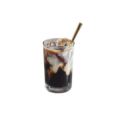 Iced Coffee with Cream and Ice in Glass with Gold Straw