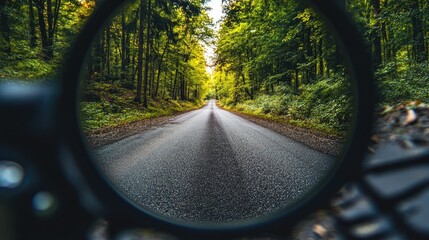 A scenic view of a winding forest road captured through a circular mirror. showcasing vibrant autumn foliage and a serene atmosphere in the background