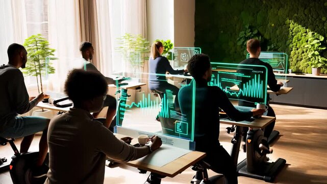 Developers code atop silent bikes, exercise desk flow blends cardio and creativity, relaxed faces show exercise desk culture driving alert minds during full exercise desk shift. Concept tech health