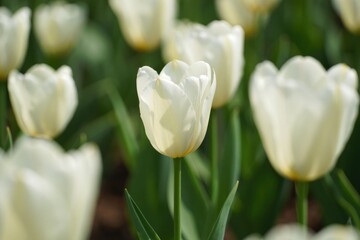 White tulips blooming in a garden during springtime