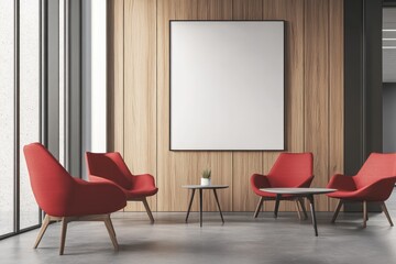 Modern interior design featuring red chairs and a round table in a minimalist space with a wooden wall. perfect for creative meetings or casual gatherings