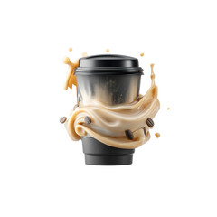 Splashing Coffee in a Black Takeaway Cup with Coffee Beans