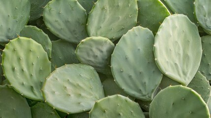 Close-up of a group of cactus leaves. the leaves are oval-shaped and have a light green color with small, pointed tips. they are arranged in a scattered pattern, with some overlapping each other.