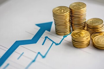 A close-up view of stacked coins with a rising blue arrow graphically illustrating financial growth. set against a soft-focus background suggesting a business environment