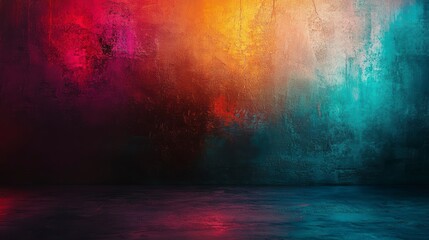Colorful neon lights illuminate a textured grunge wall and floor, creating a dramatic, moody backdrop.