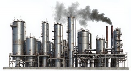 Detailed View of a Metallic Industrial Complex with Cylindrical Structures and Connecting Pipes Isolated on White Background