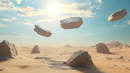 Floating rocks over desert landscape