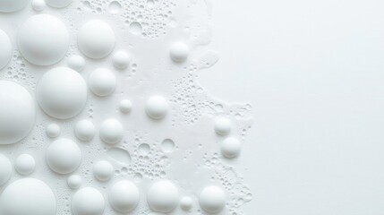 Flat lay of multiple white spheres scattered on a white background. the spheres are of different sizes and shapes, with some being larger and some being smaller.