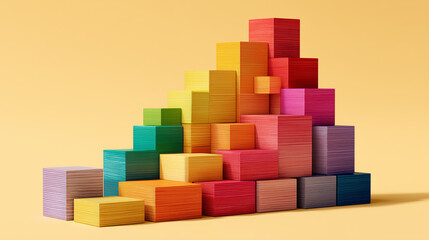 Obraz premium 鮮やかな虹色のグラデーションで構成された木製ブロックのピラミッド | 幾何学的構造美