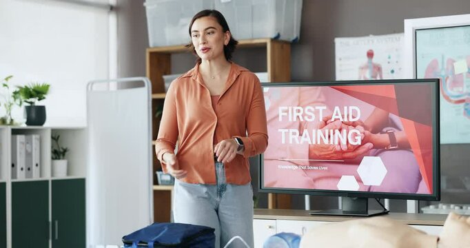 Happy woman, paramedic or screen with presentation for first aid training or emergency service at office. Female person, trainer or healthcare coach with monitor for health and safety lesson or class
