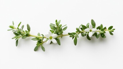 Close-up of a branch of a plant with small white flowers and green leaves. the branch is made up of thin, thin leaves that are arranged in a horizontal line.