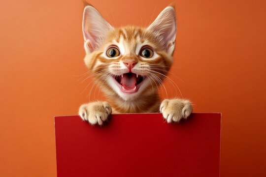 &ETH;&iexcl;ute cat pixiebob hold in front paws a wireframe - large red avenue sign. Cute pet billboard. Kitten on billboard. Isolated feline infant on a solid attire bright orange background.