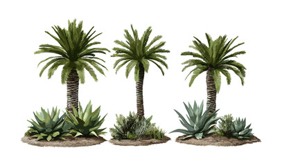 Fototapeta premium Vector illustration, set of Aloe dichotoma and Madagascar palm Pachypodium lamerei, frontal isolated png, exotic drought tolerant trees, desert garden inspiration, architectural foliage