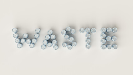 3d illustration of Word Waste made of aluminum beverage cans