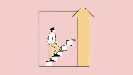 side view of young business man climbing illuminated arrow stairs to success on concrete wall background in interior financial growth career development and forward concept 46461226 21