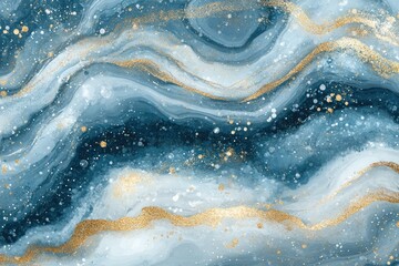 Abstract fluid art featuring swirling blue and white patterns with golden accents. creating a serene and luxurious atmosphere. ideal for backgrounds or decorative purposes