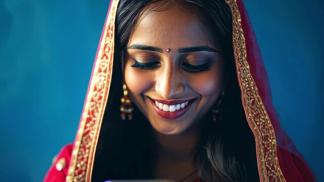 smiling Indian woman in traditional dress using smartphone on blue background; adult, 20-30 age group