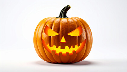 Carved Halloween pumpkin isolated on white backdrop. Jack o lantern. Traditional holiday symbol.