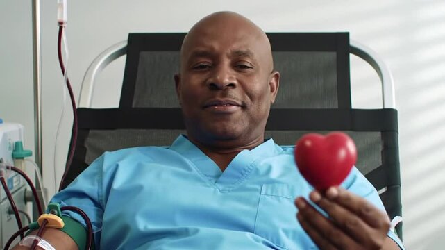 African American Man Donating Blood Holding Red Heart Symbolizing Hope And Generosity