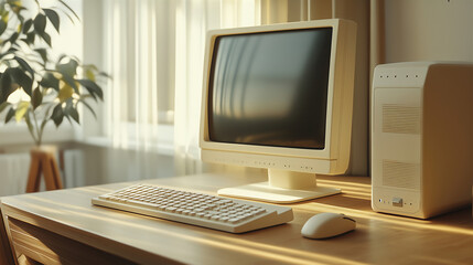 old fashioned computer monitor with a keyboard and a mouse on a desk