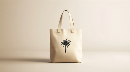 white shopping bag with a logo of a palm tree in the middle, beach bag, summer bag, isolated on white